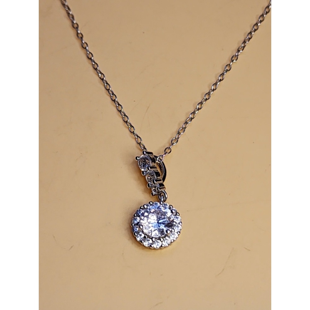 Vtg IBB CN Signed 925‎ Sterling Silver & Cubic Zirconia Round Pendant Necklace